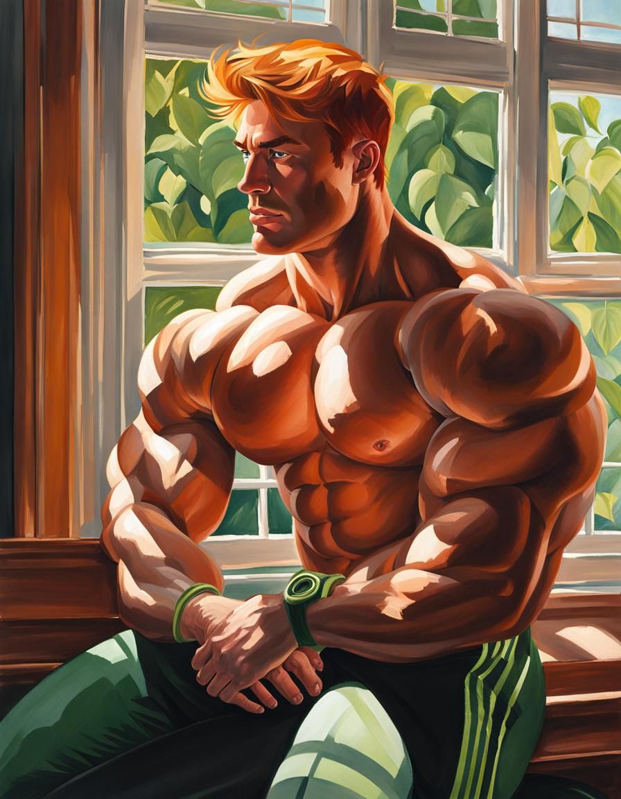Gouache Portrait: Muscular Ginger Bodybuilder in Sunlight