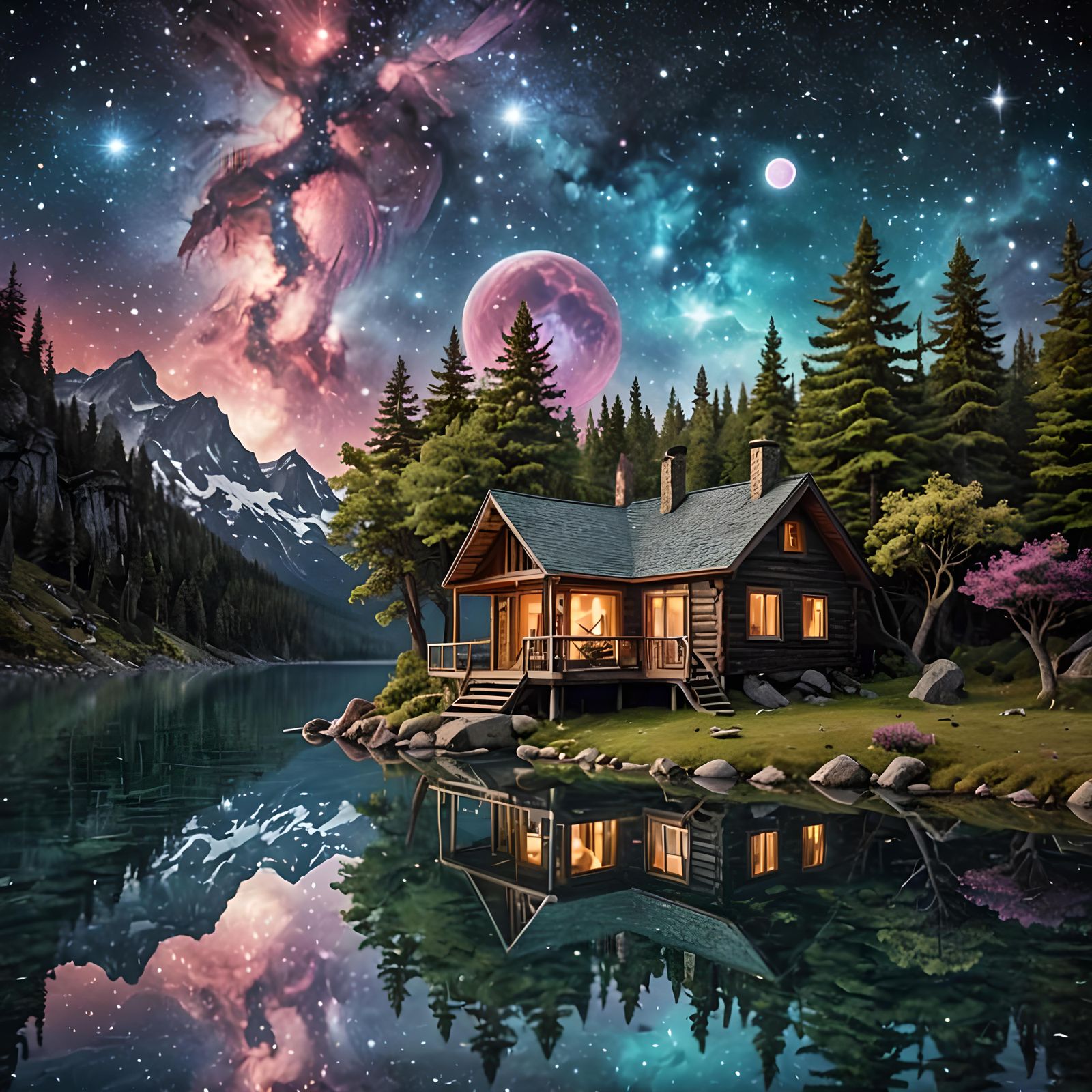 Cosmic Dreamscape Over Surreal Lakeside Cabin