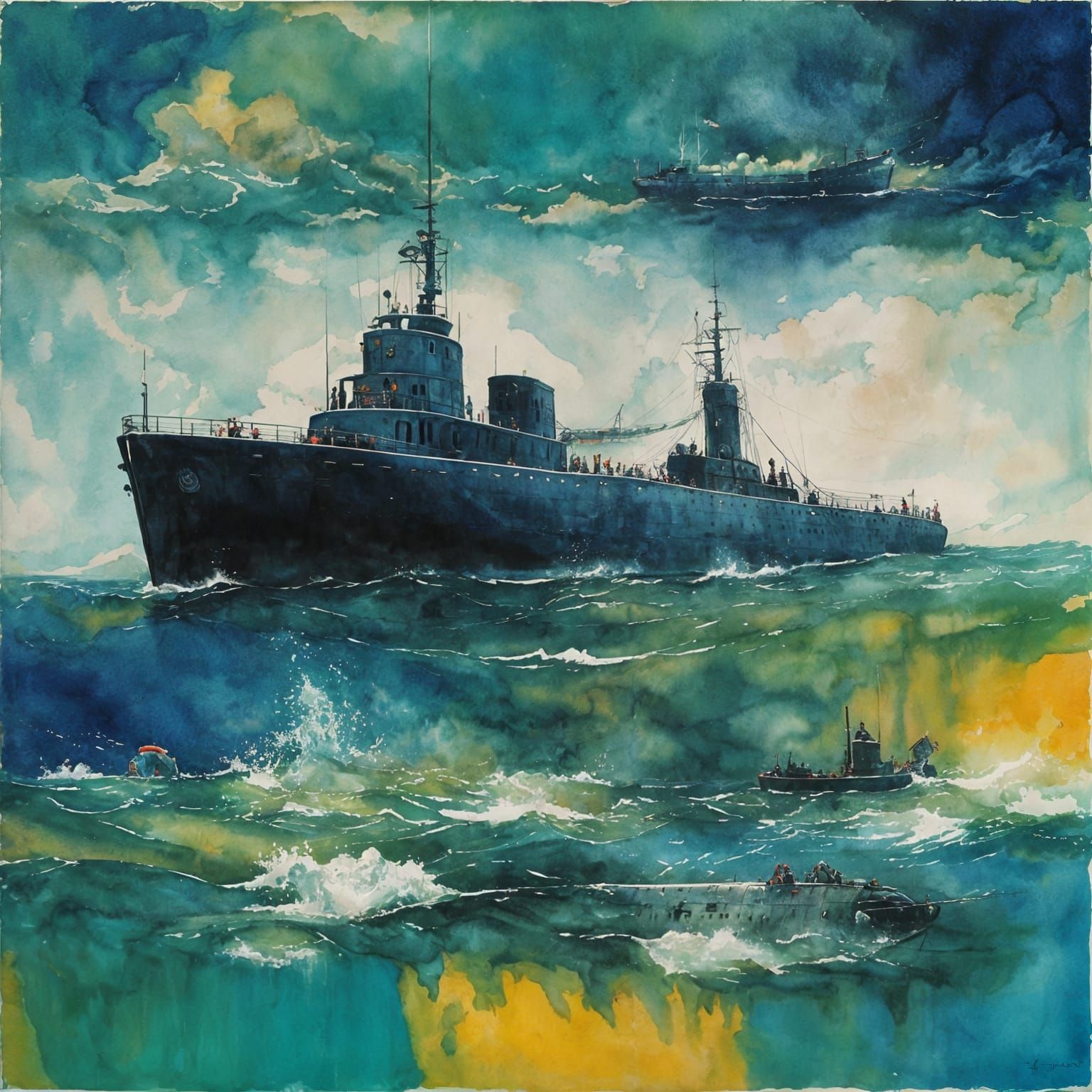 Epic Impressionist Masterpiece: Submarine Amidst Vibrant Sea...