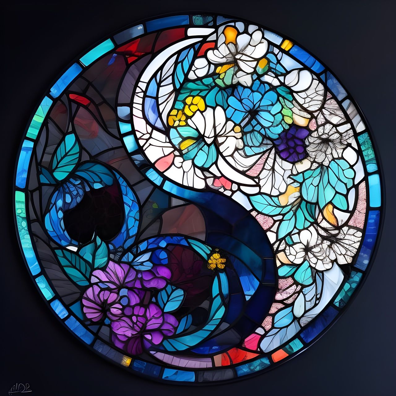 Floral Yin Yang in Stained Glass Style