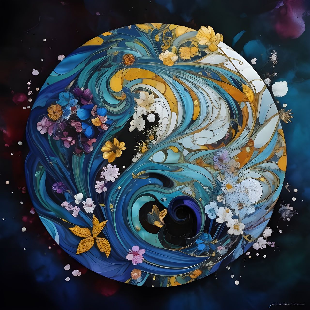Floral Stained Glass Yin Yang in Anime Style