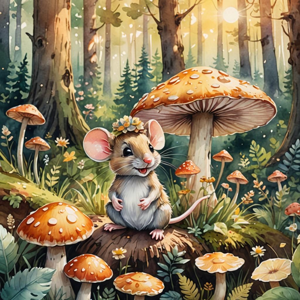 Whimsical Watercolor Mouse in a Sunny Forest