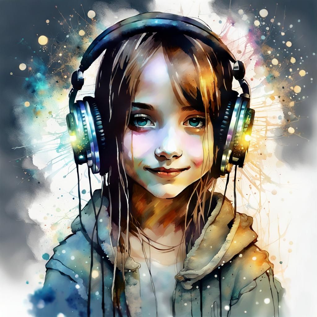 Chibi Girl with Headphones in Watercolor Style