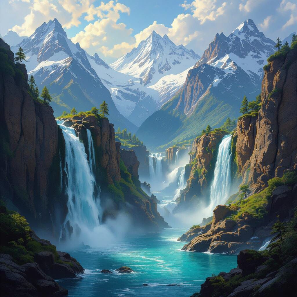 Ethereal Snow Mountain Waterfalls as Vibrant Landscape Art