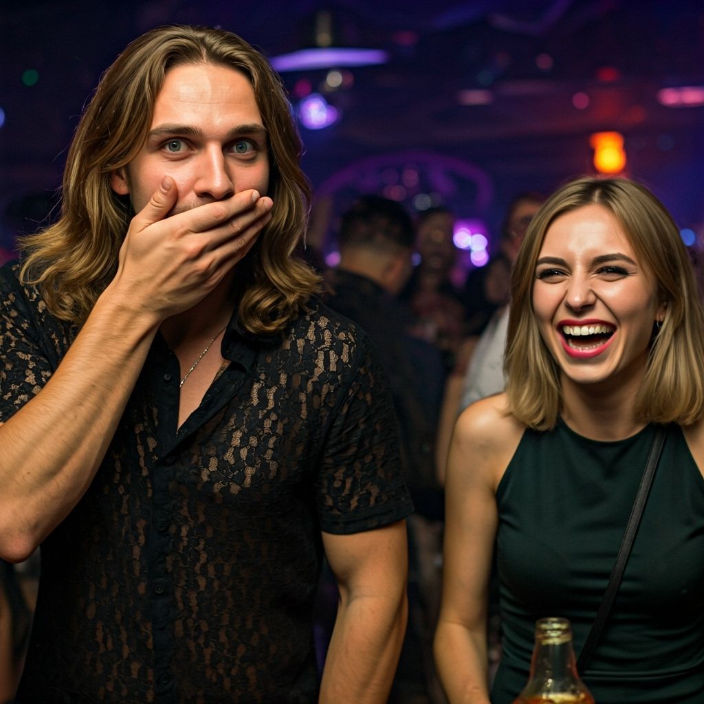 Surprised Young Man in Lace Dress at Disco