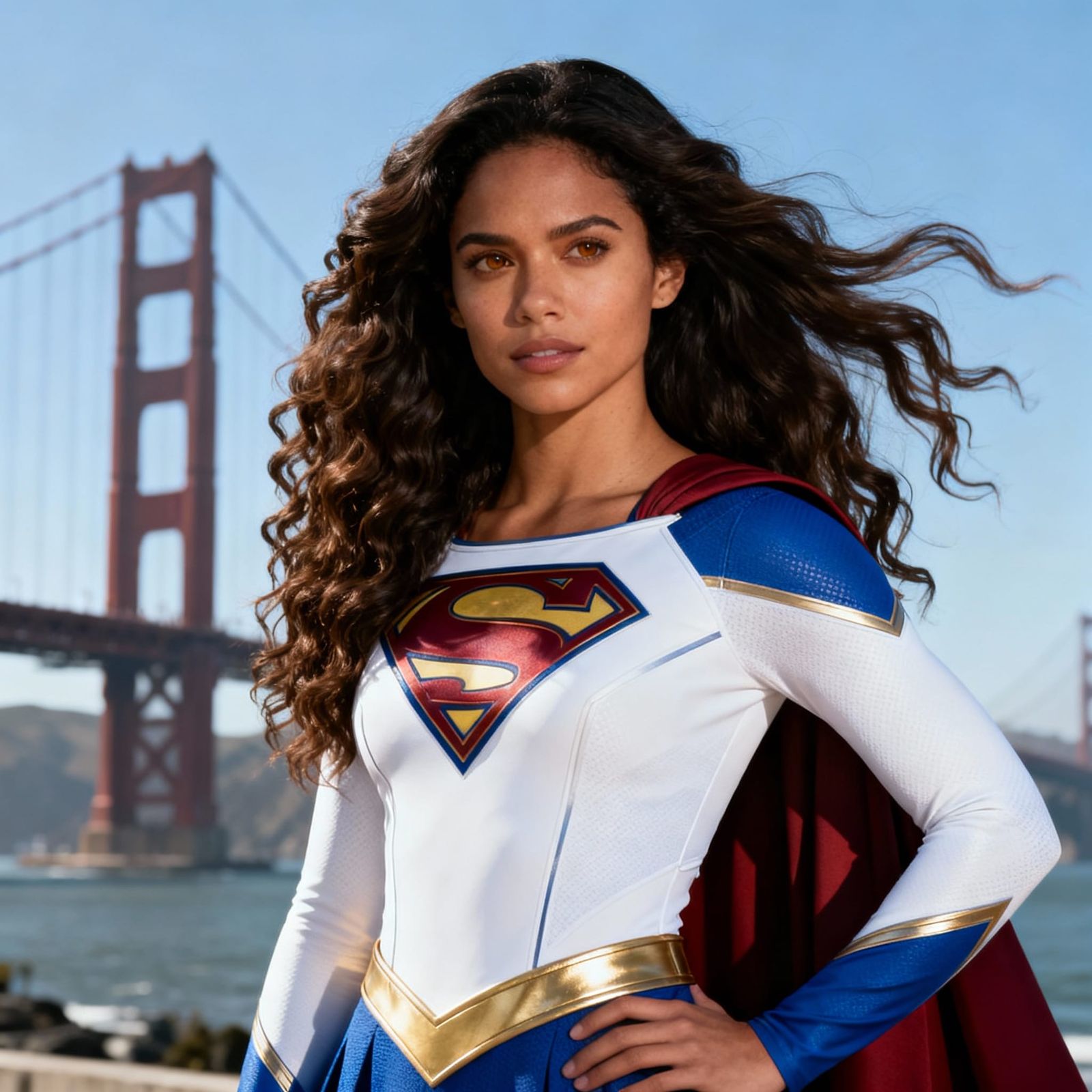 Hyperrealistic Supergirl Portrait with Golden Gate Bridge