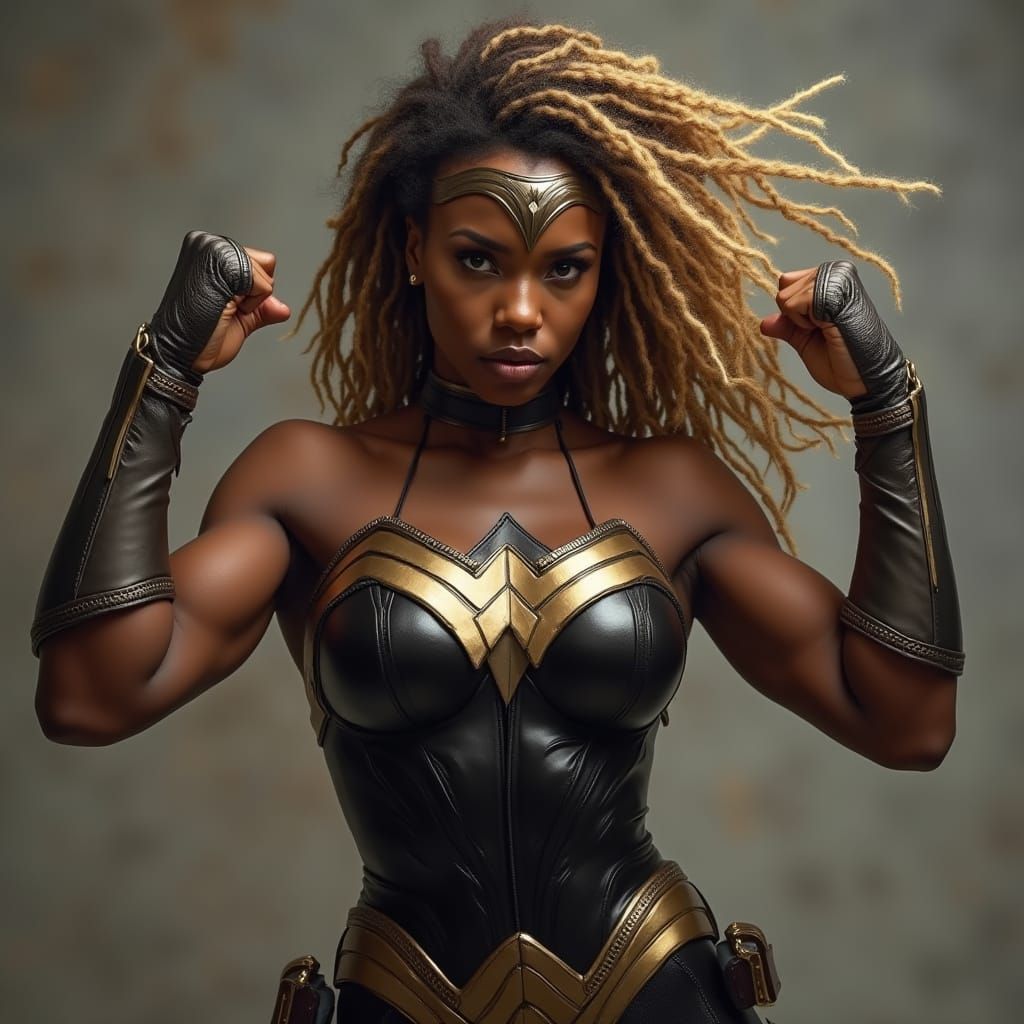 Hyper-Realistic Black Female Wonder Woman in Action