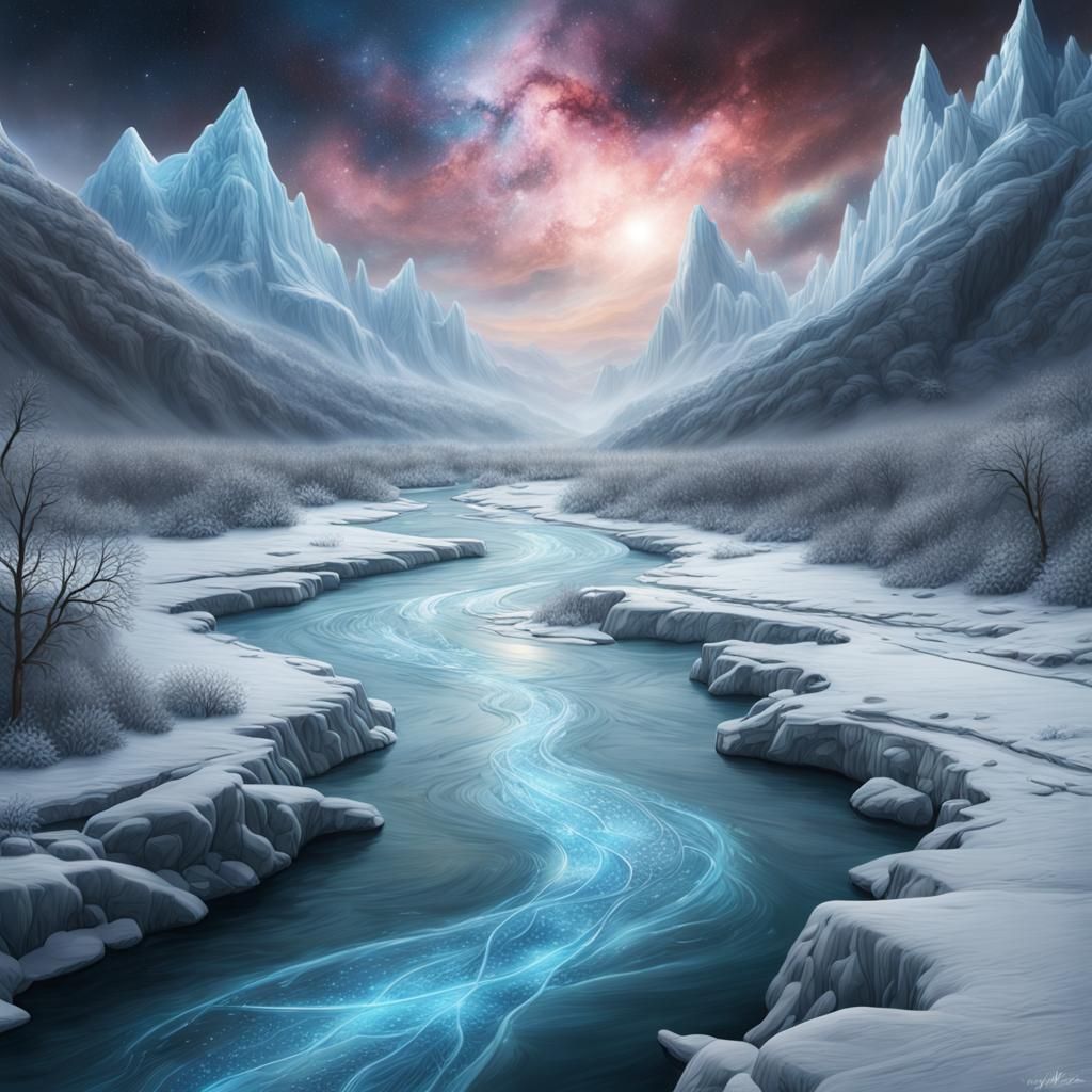 Frozen River Under Nebula: Photorealistic Detailed Landscape
