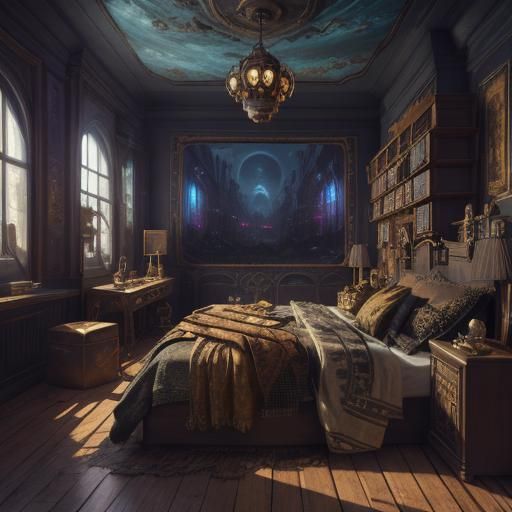 Girl Listening to Music in Steampunk Room