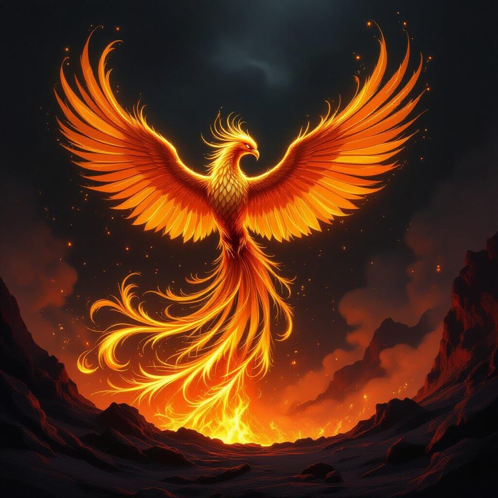Molten Gold Phoenix Rises From Volcanic Crater