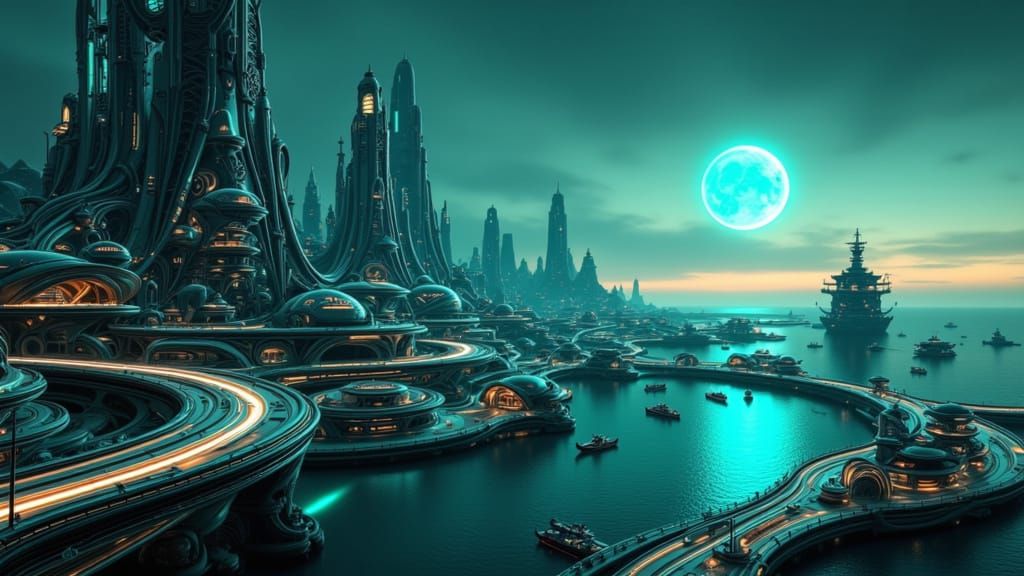 Alien Metropolis on Ocean Edge in Noir Style