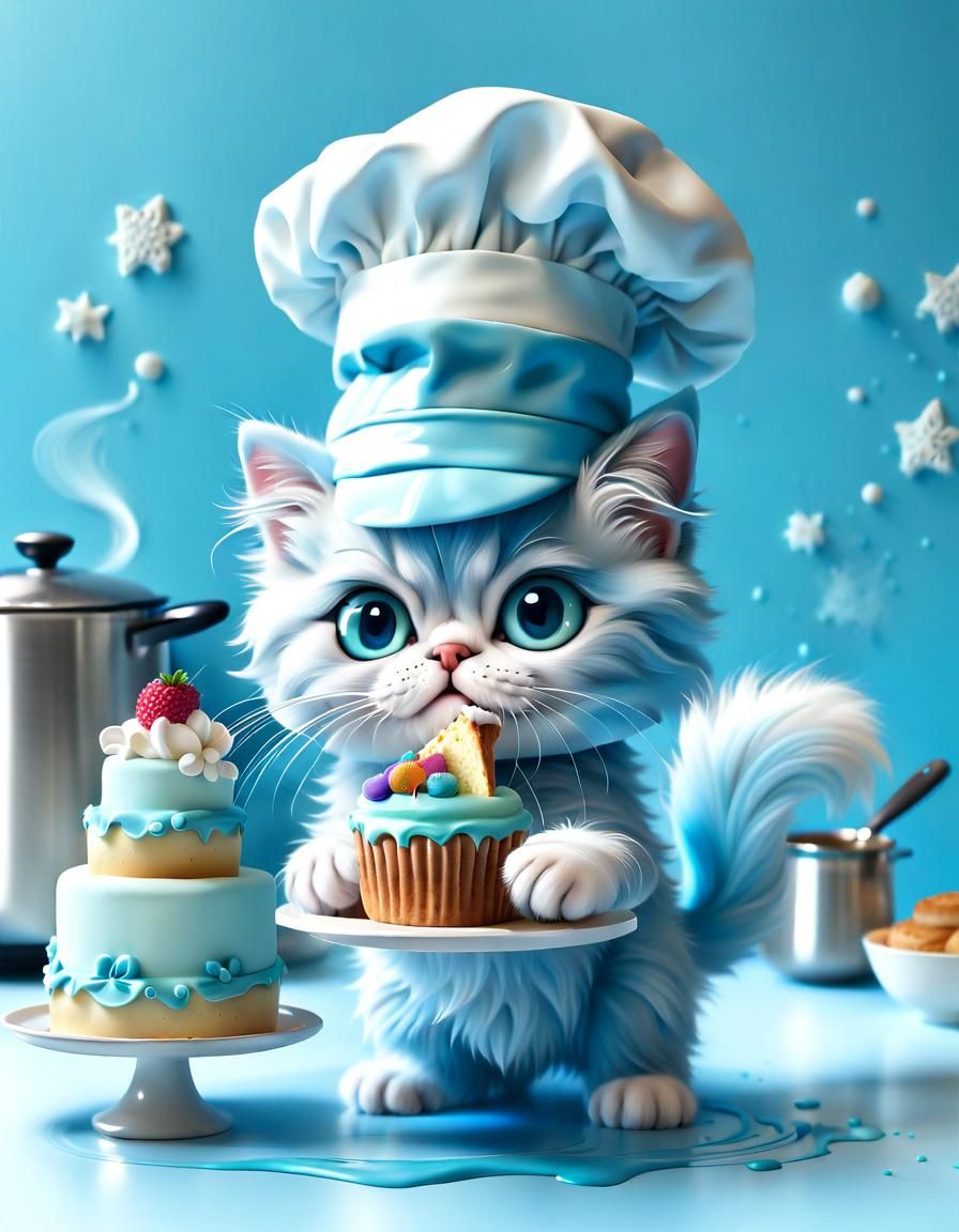 Pastel Kitten Chef with Cake, 3D Shading
