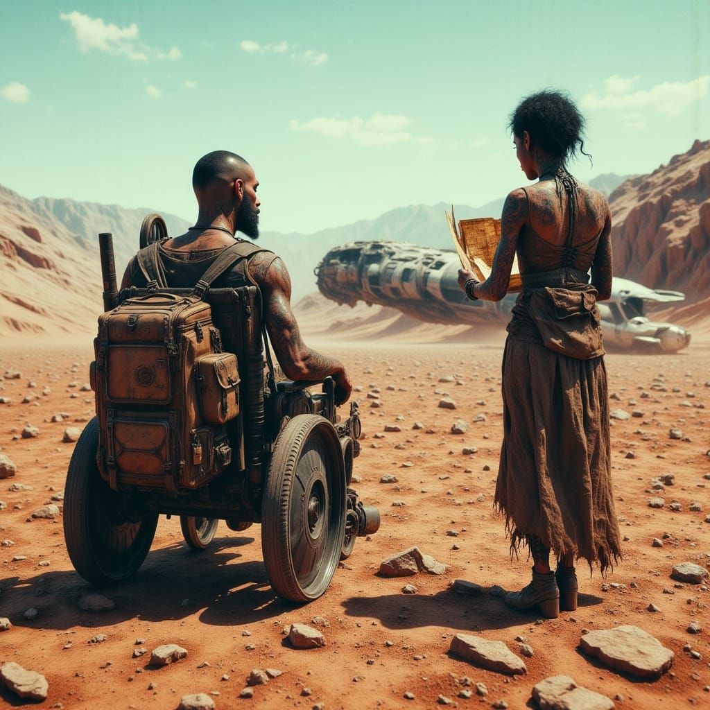 Post-Apocalyptic Desert Scene with Wheelchair Traveler