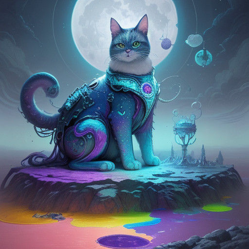 Cyberpunk Cat Under a Mechanical Moon
