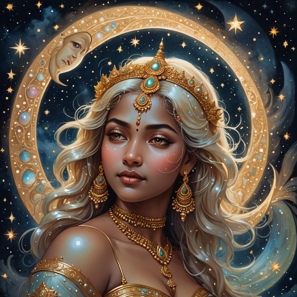 Mystical Indian Woman on Moon, Digital Illustration