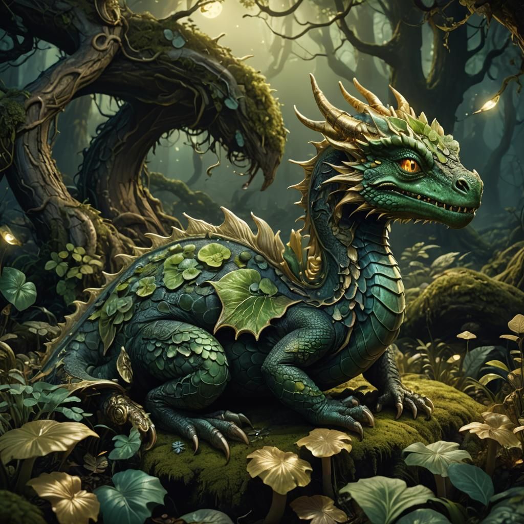 Mushroom Dragon Slumber in Mystical Forest: Art Nouveau