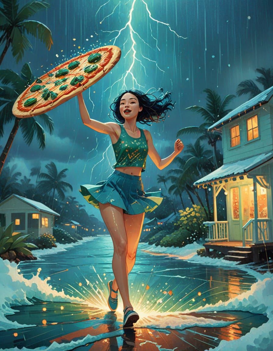 Jubilant Woman Running in a Thunderstorm Wearing a Blue-Gree...