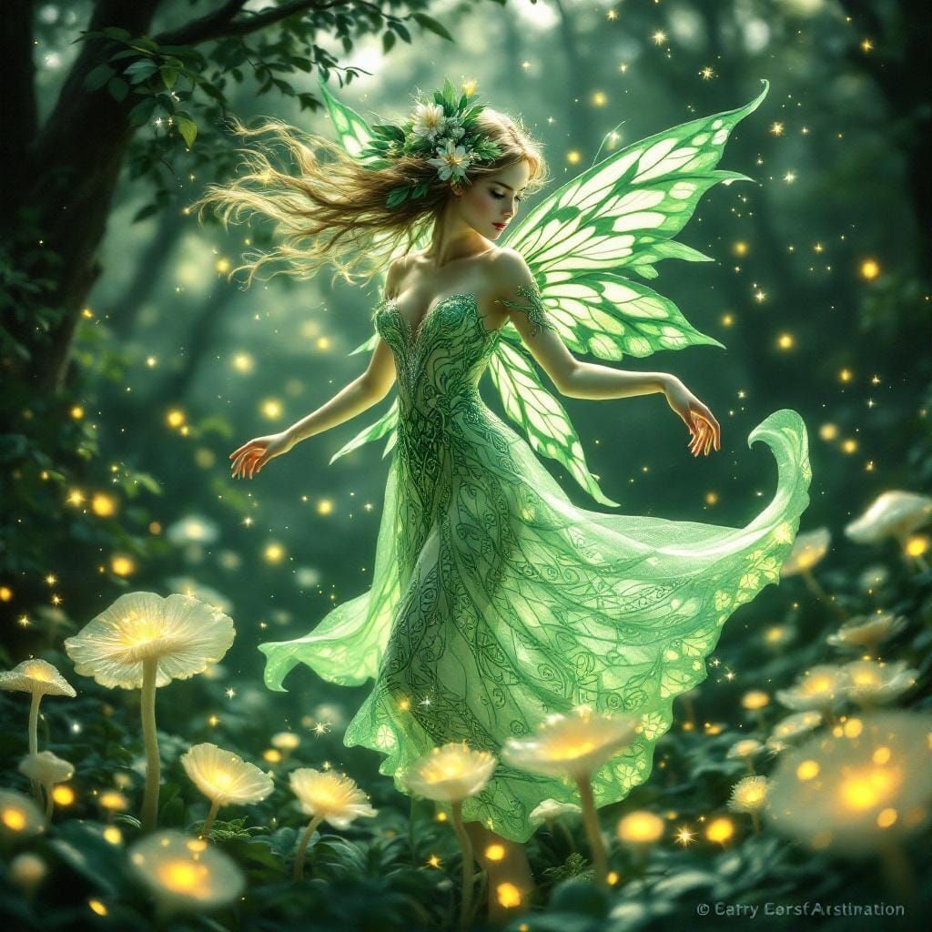 Celtic Fairy Dancing in Bioluminescent Forest, Fantasy Art