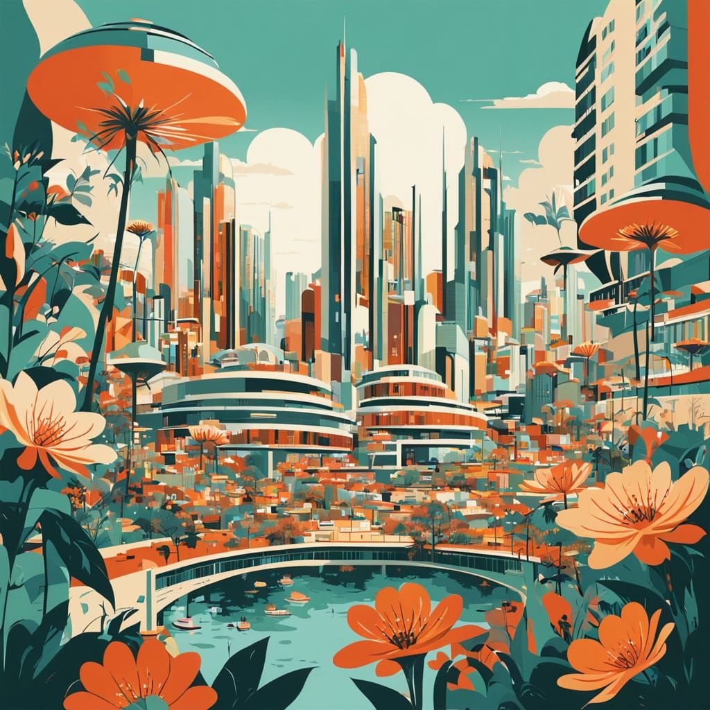 Mid-Century Pop Art City Inside a Giant Flower