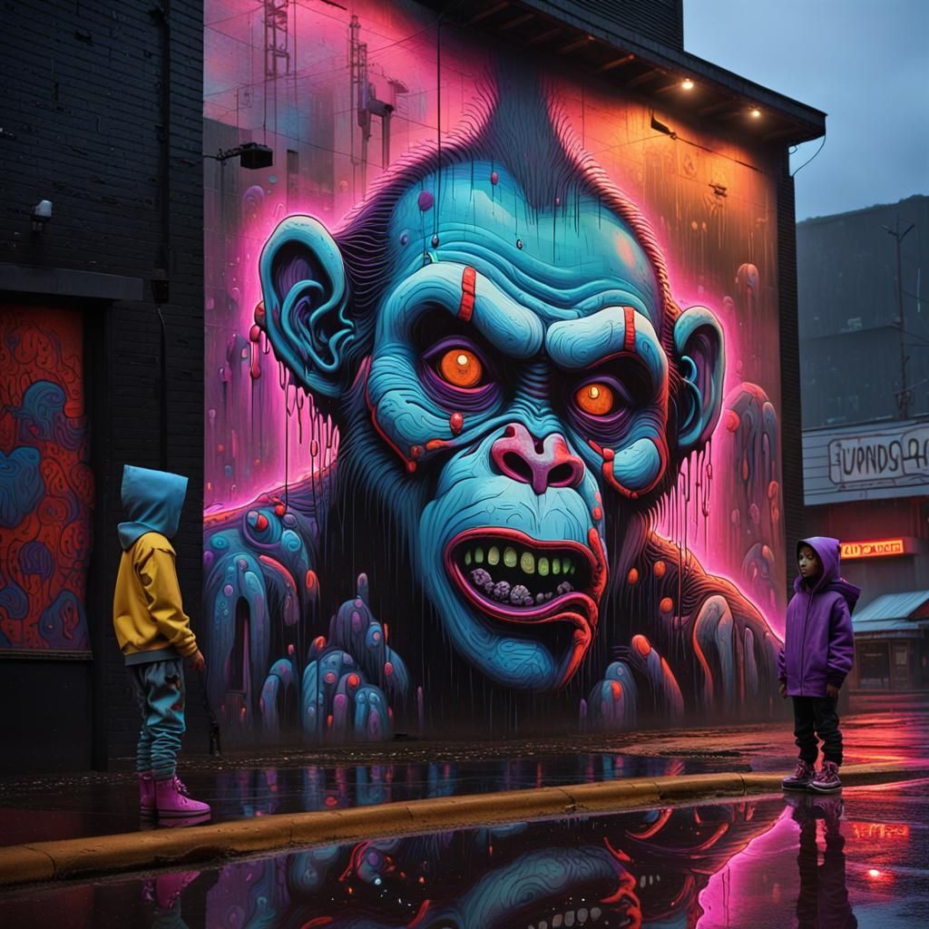 Scary Zombie Monkey Mural in Cyberpunk Neon Noir