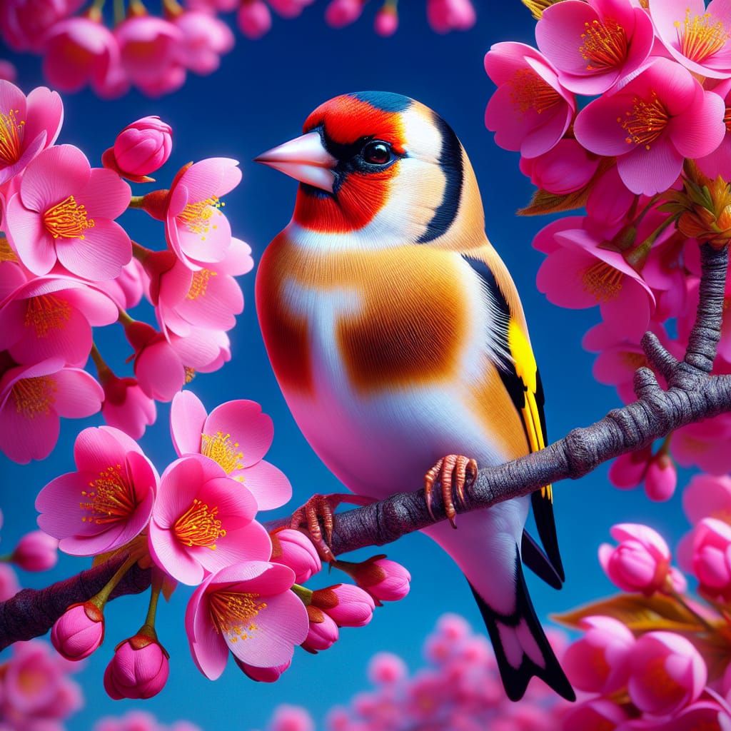 Vibrant Goldfinch Amidst Cherry Blossoms