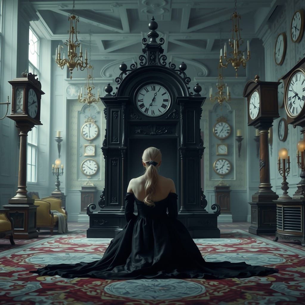 Elegant Woman Surrounded by Intricate Clockwork in a Mysteri...