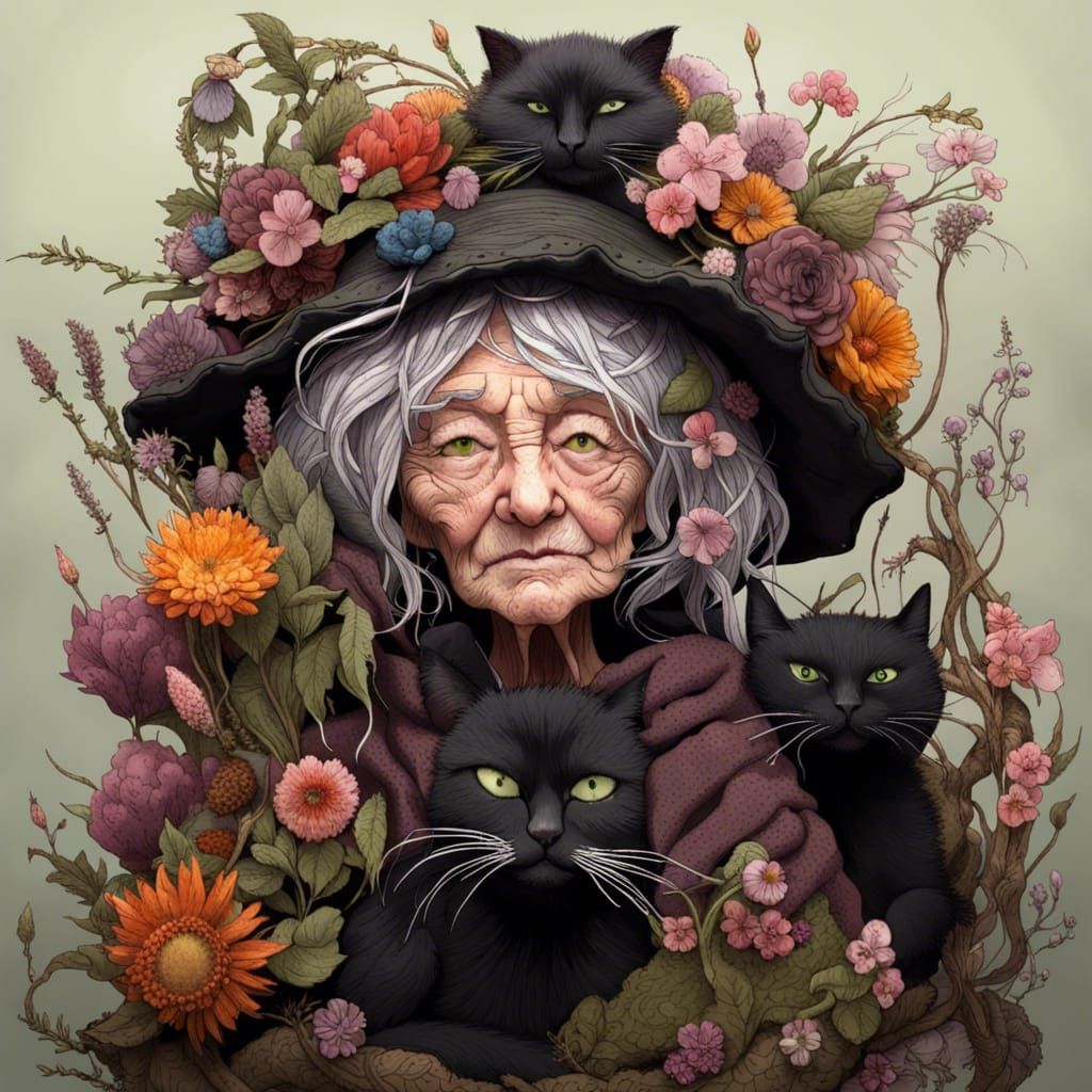 Scraggly Old Witch with Her Black Cats ....