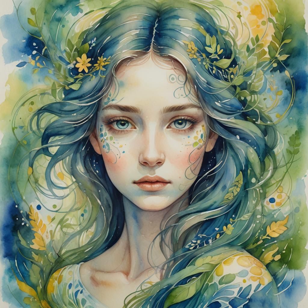 Melancholic Woman in Solar Punk Watercolor Painting