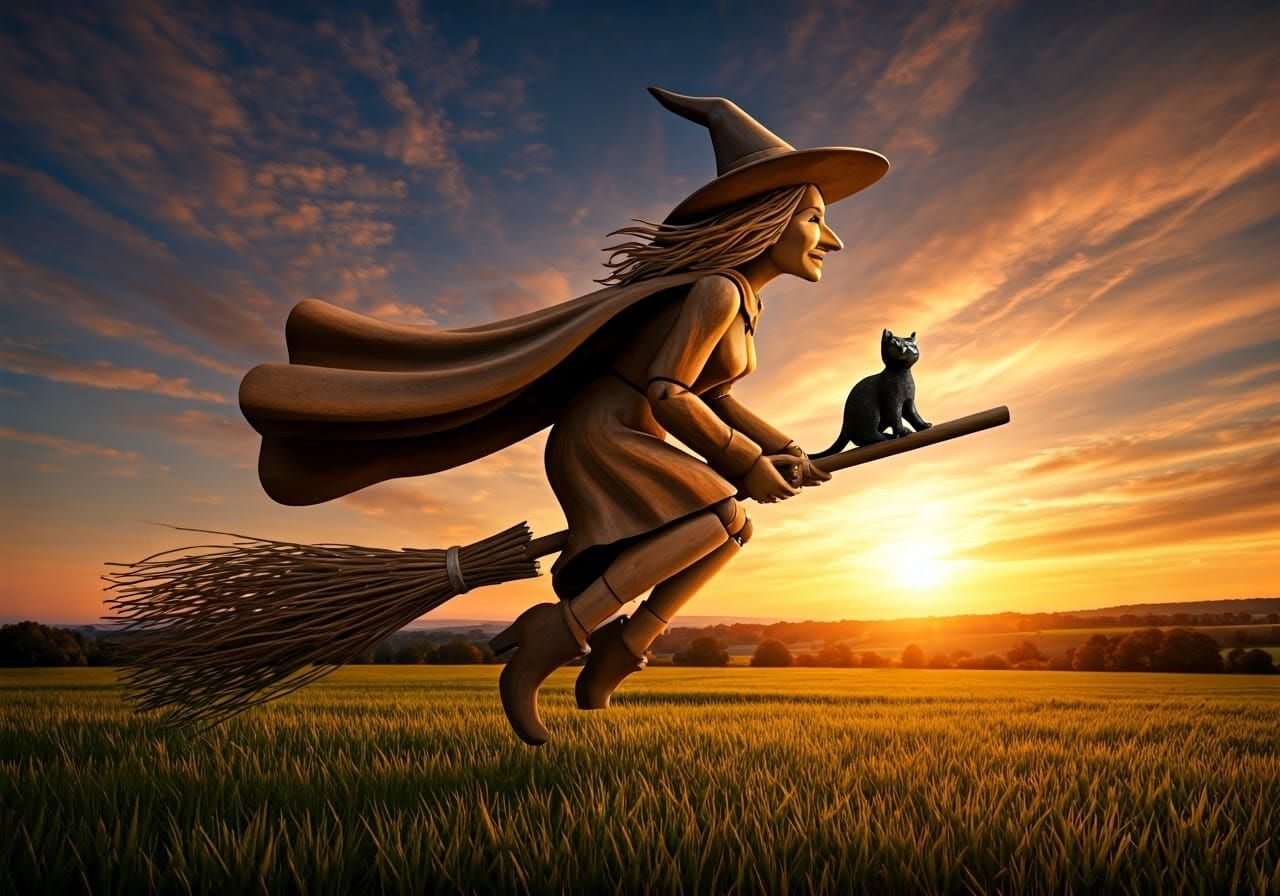 Wooden Witch Soaring Through Autumn Sky