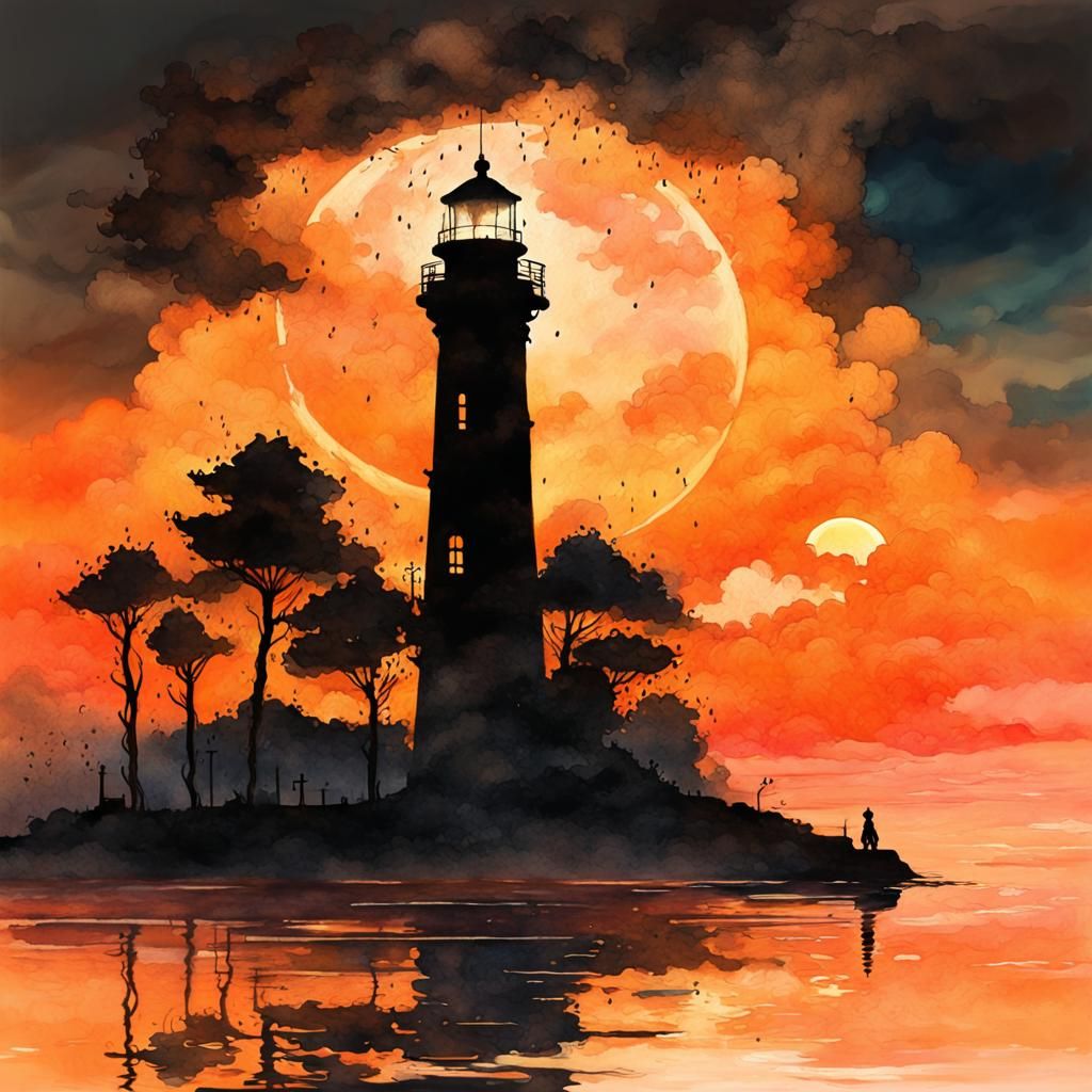 Orange Sunset Lighthouse Seascape in Watercolor Style