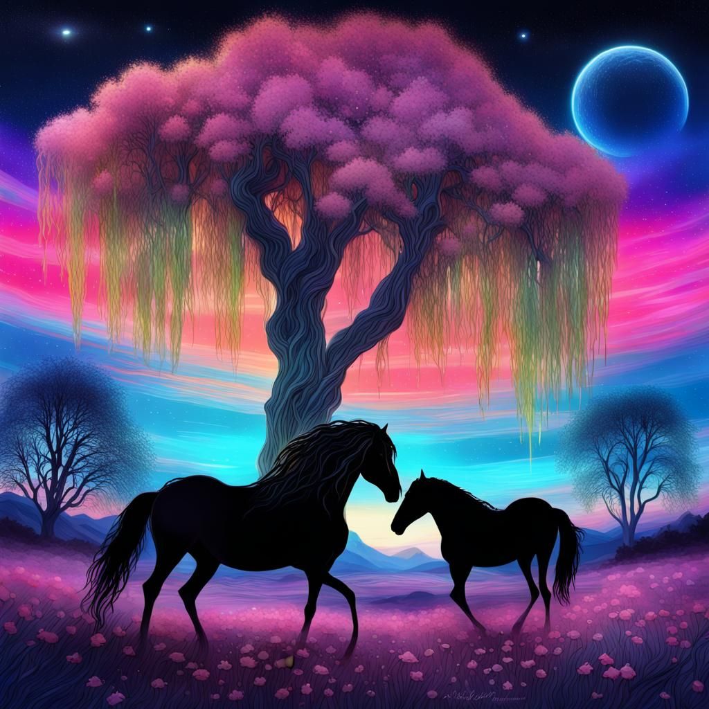 Cosmic Willow Tree with Horses at Dusk