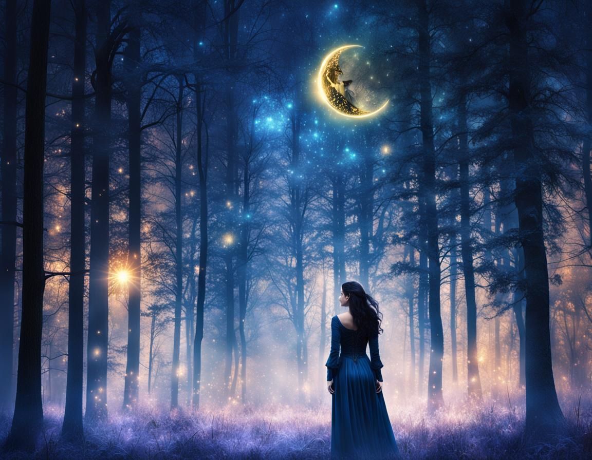 Surreal Dark Fantasy: Woman Between Sun and Moon