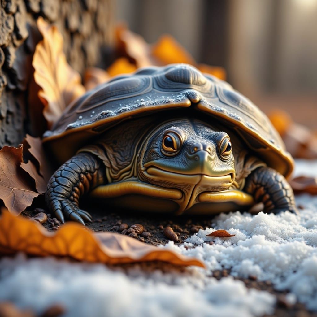 Winter Wildlife Scene: Turtle and Hedgehog in Snow