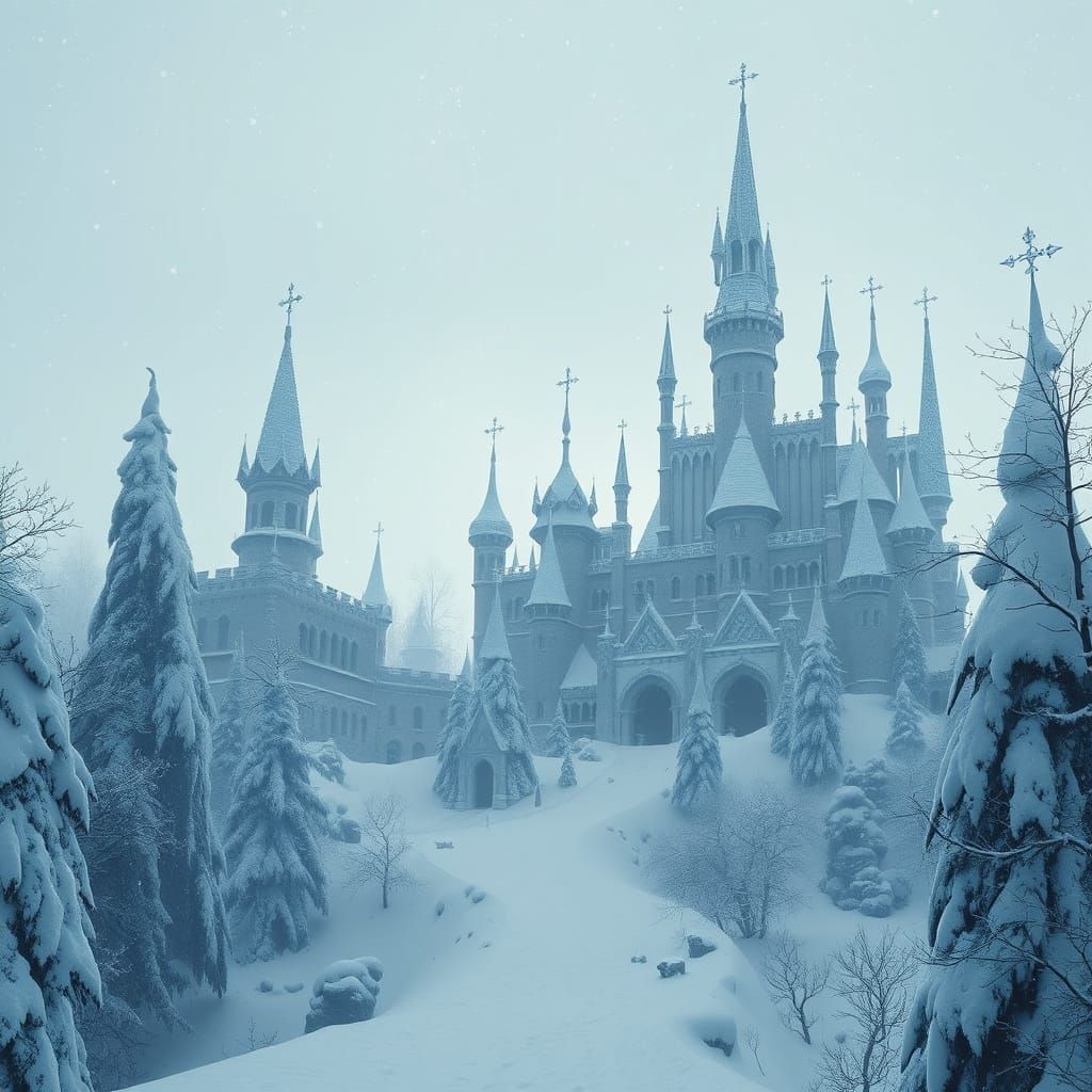 Surreal Winter Kingdom with Serene Silence and Snowy Archite...