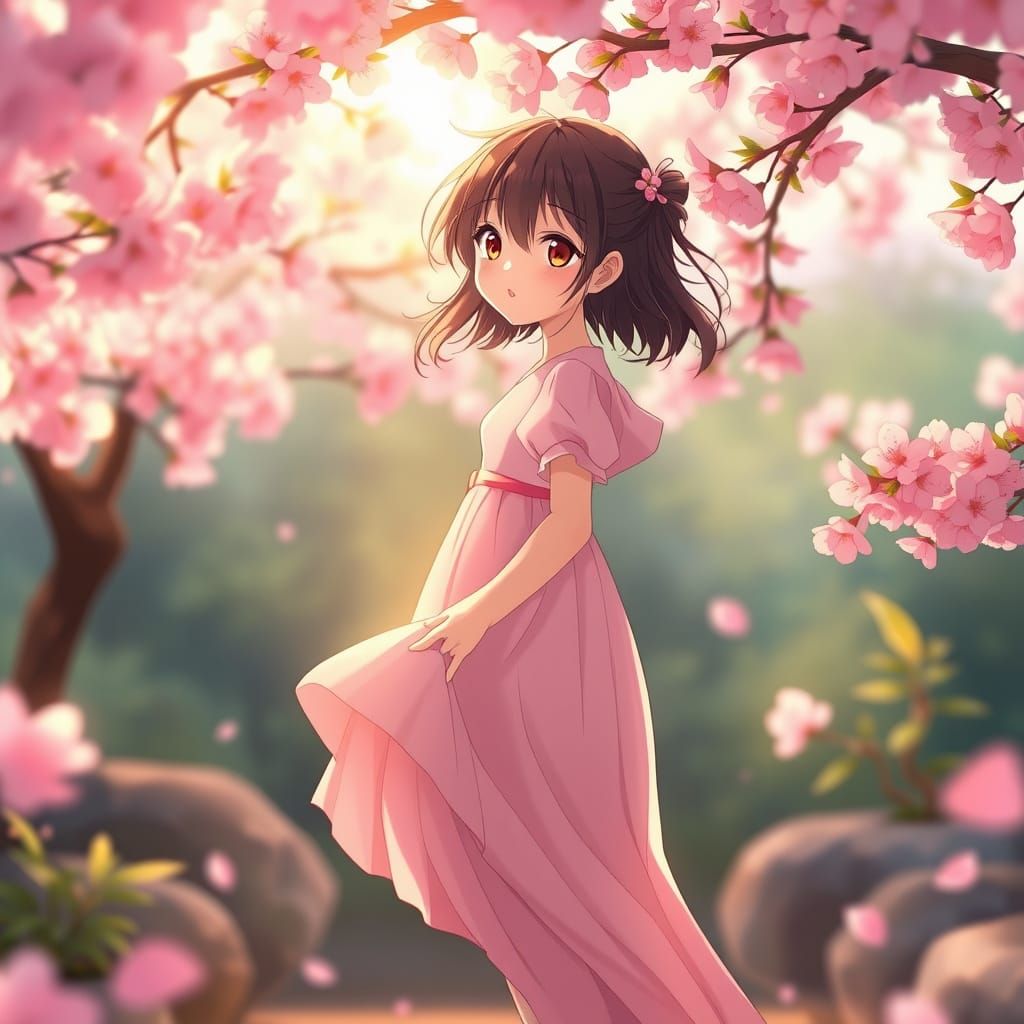 Whimsical Spring Girl in Cherry Blossom Garden