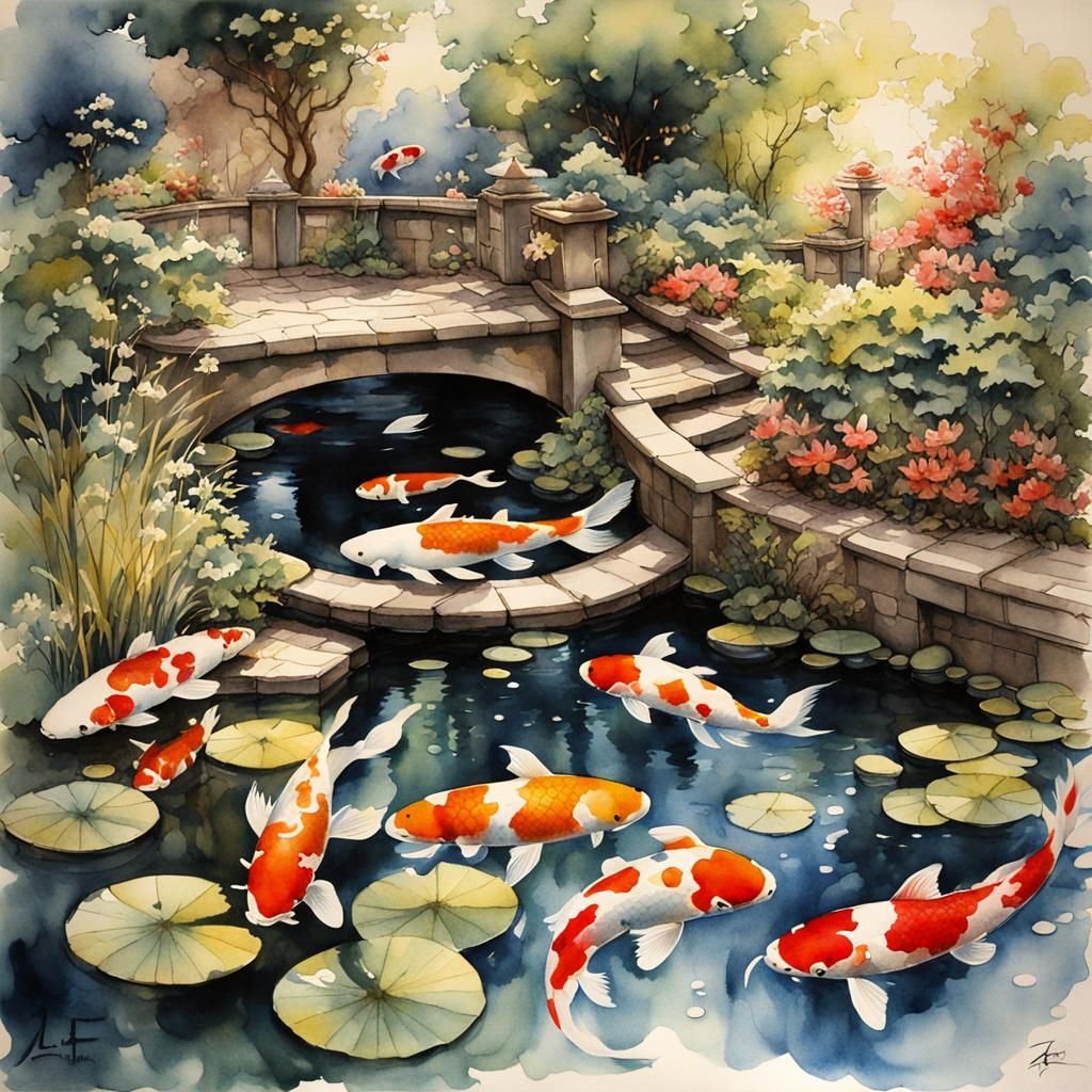 Koi Pond in Surreal Garden, Watercolor Style
