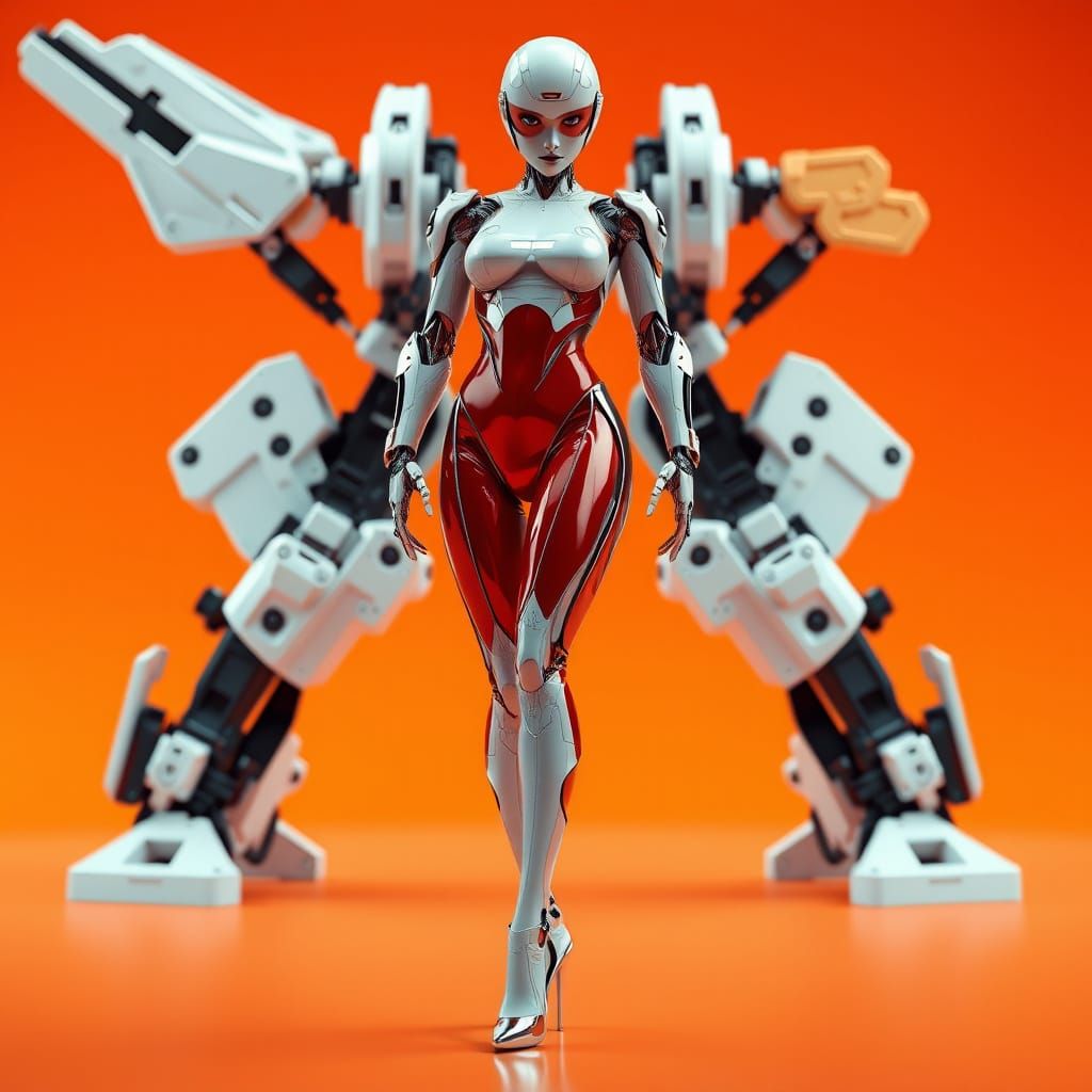 Sleek Futuristic Robot Girl in High Heels on Orange Backgrou...