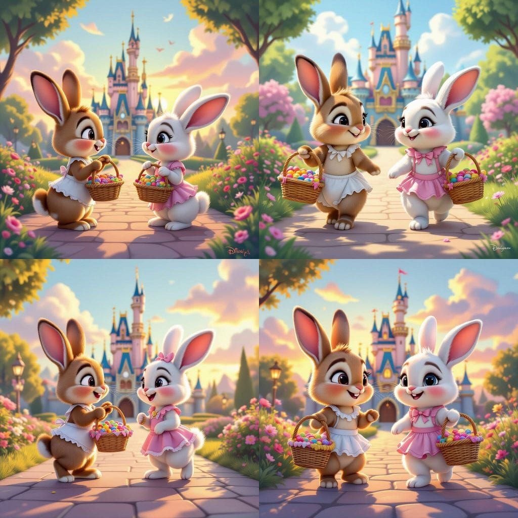 Adorable Bunnies Approach Candy Castle at Sunset