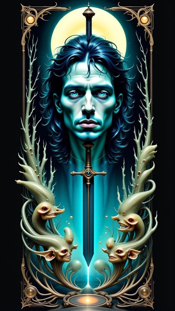 Bioluminescent Tarot Card Portrait in Retrofuturistic Style