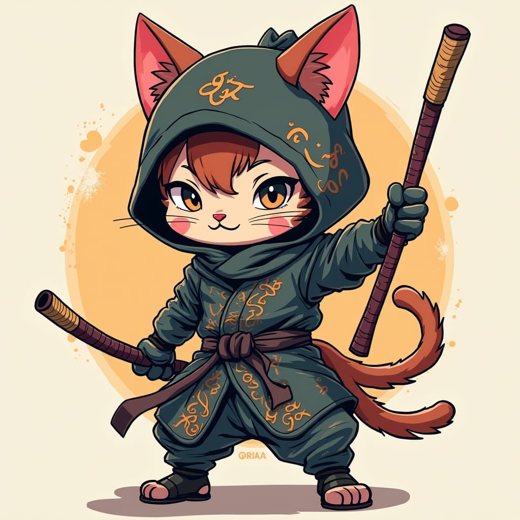 Anime Ninja Cat with Arabic Gear in Manga Style