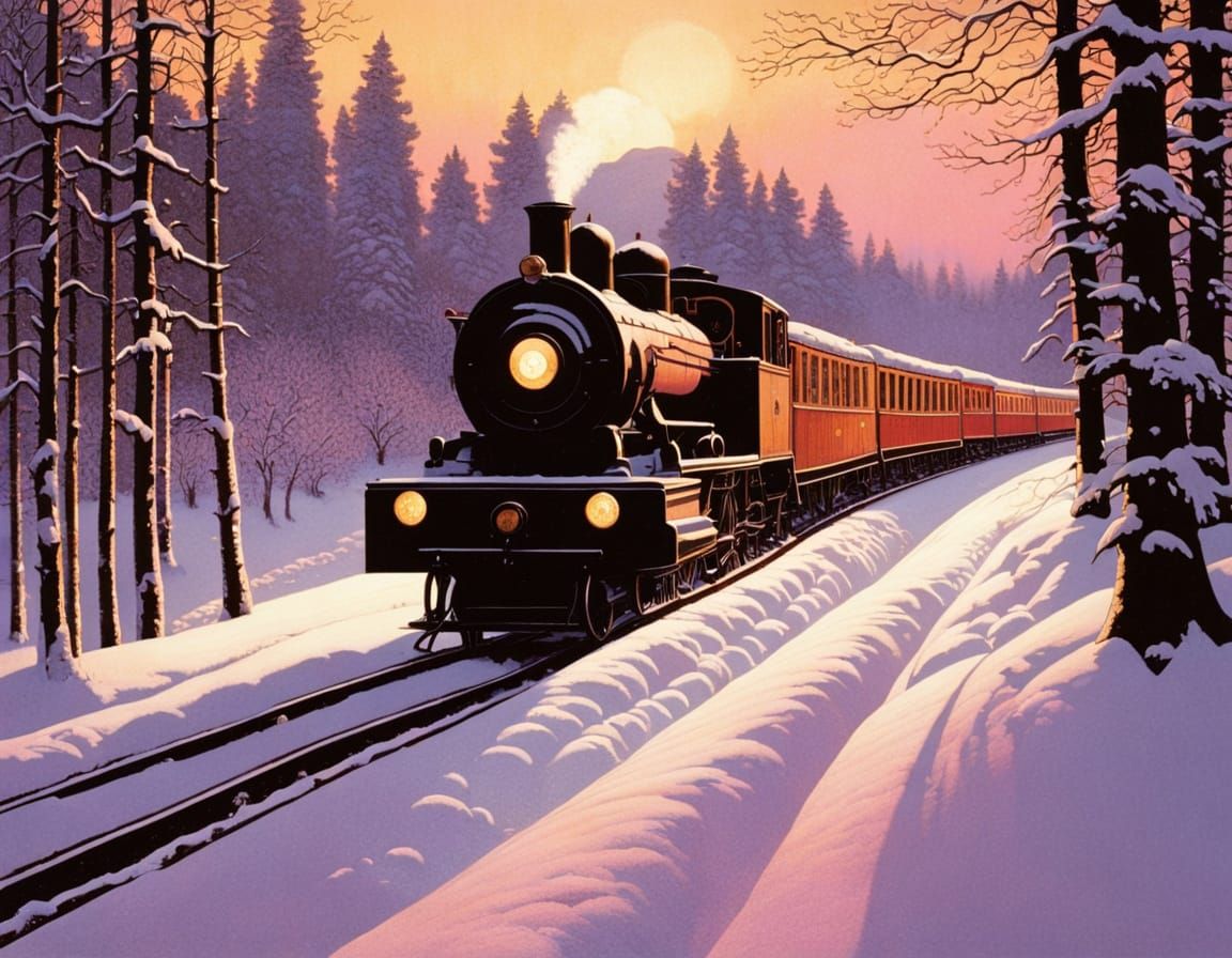 Snowy Fairytale Forest Steam Train in Pink Evening Light