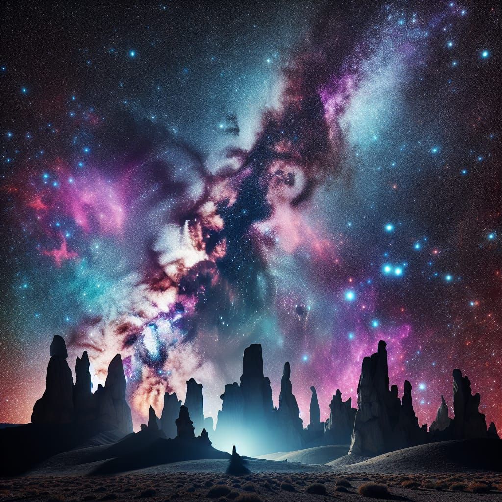 Spectacular Galaxy Over Rock Formations