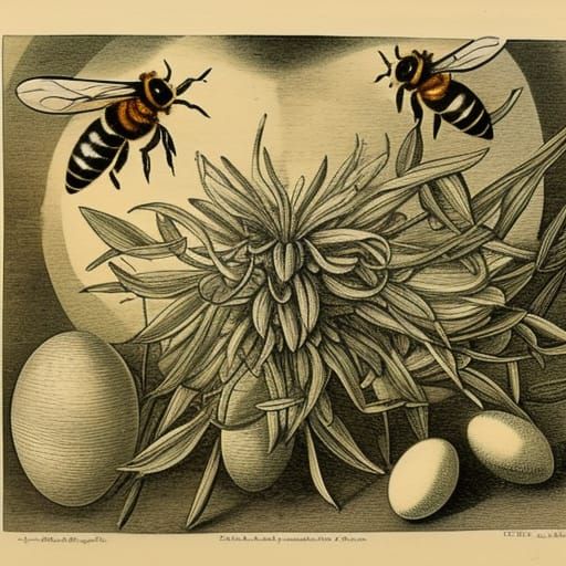 Surreal Botanical Illustration of Bees, Eggs, Honeysuckle