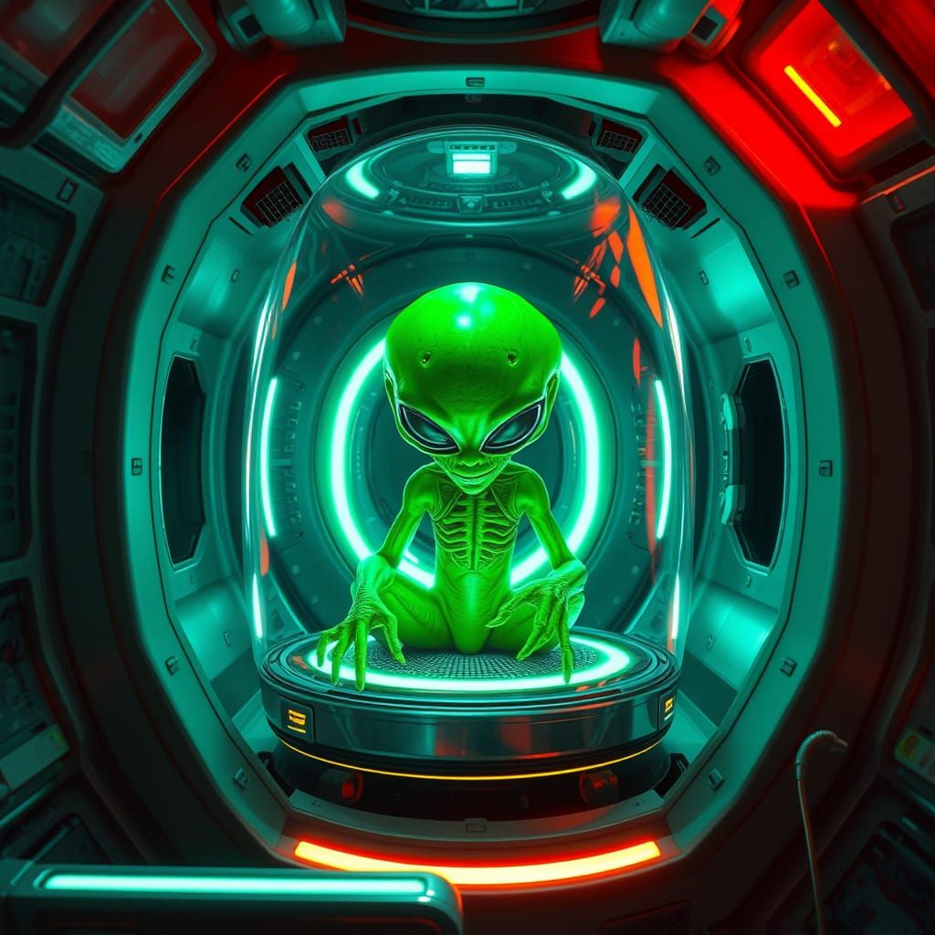 Green Alien in Neon Incubator on Alien Starship