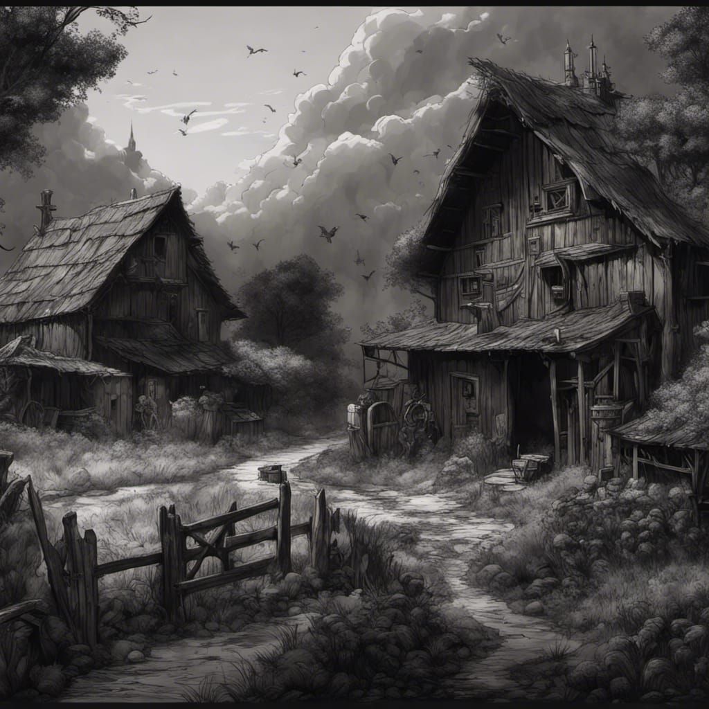 Detailed Farm: Black and White Ink Drawing