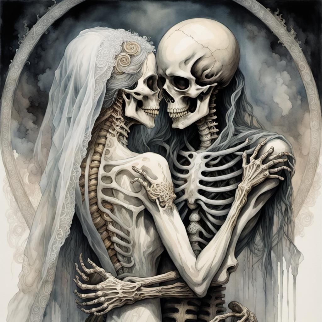 Watercolor Skeleton Couple in Entangled Embrace