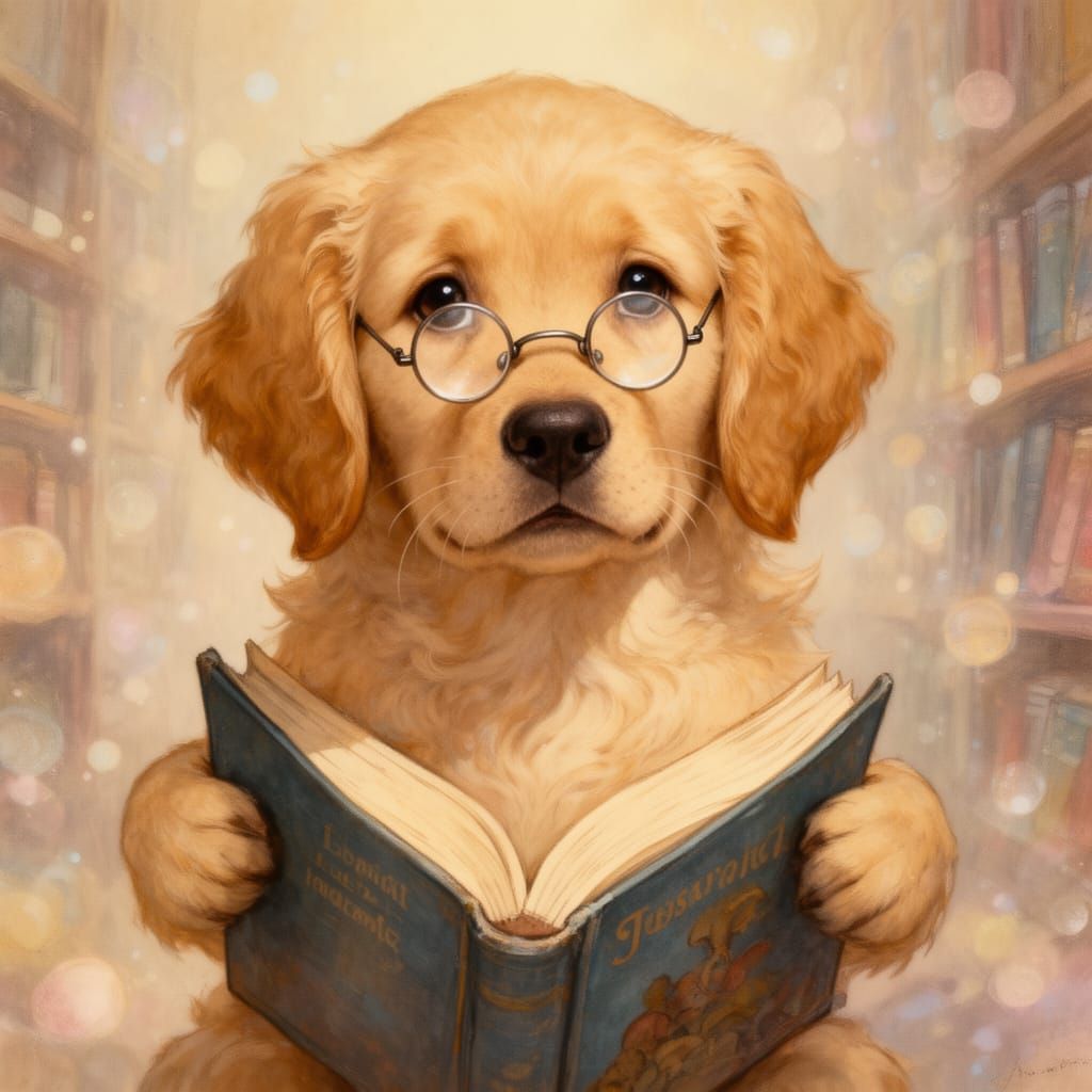 Confused Golden Retriever Puppy in Library, Whimsical Style