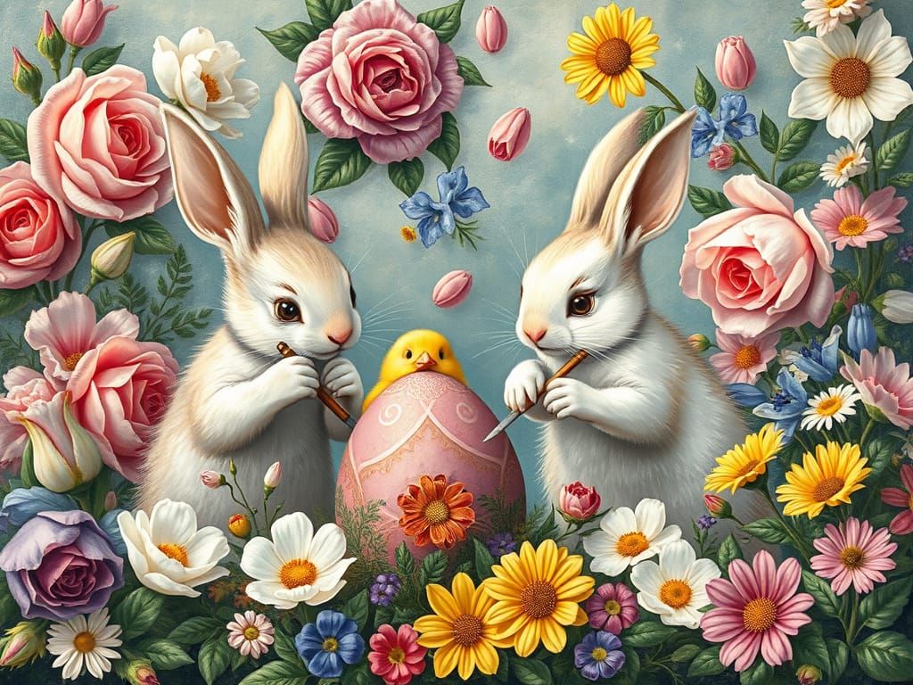 Bunnies Decorating Easter Eggs with Flowers, Renaissance Sty...