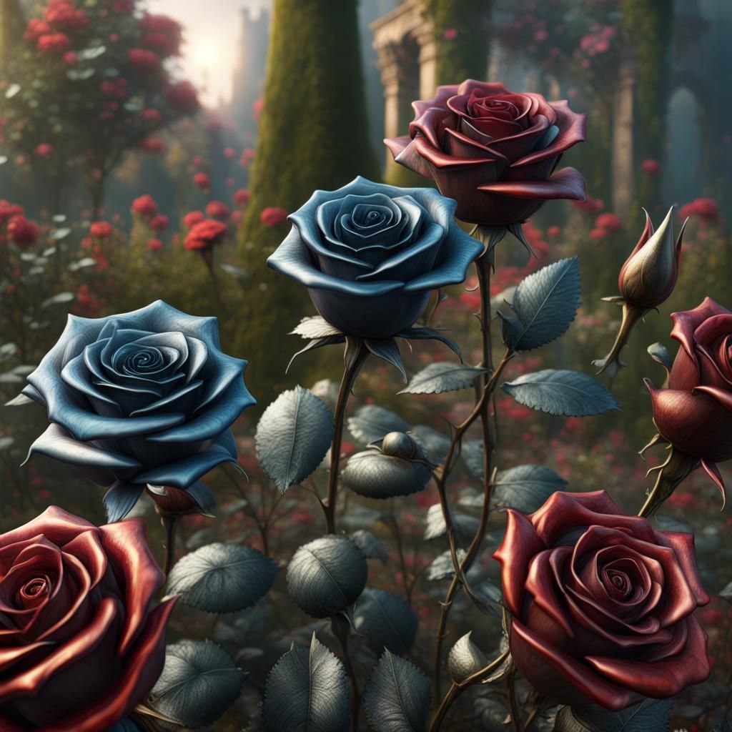 Metallic Roses in a Fantastical Garden