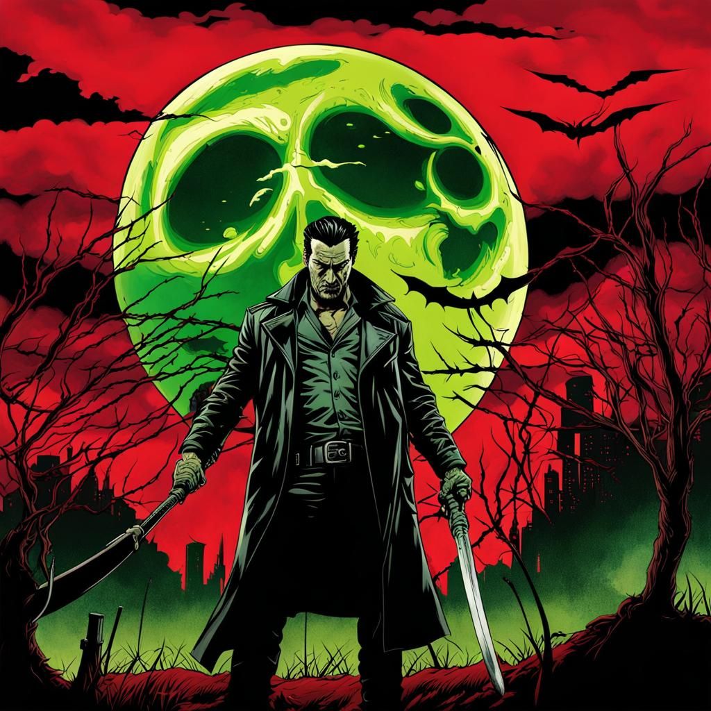 Negan and Zombies Under a Neon Moon in Ink Style